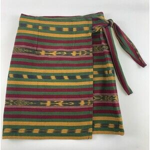 Ana’s Fashions Cotton Wrap Mini Skirt Patterned Striped Green Yellow Women Small
